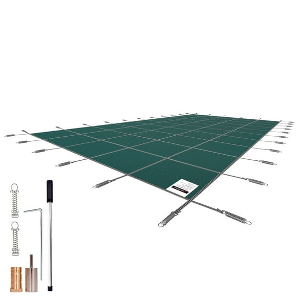 KFFKFF Protective Cover for 18x36ft Rectangular Underground Pools, Pool Guard with Drainage Openings, Combined Mesh and Solid Cover for Swim Area, Cold Season Protection