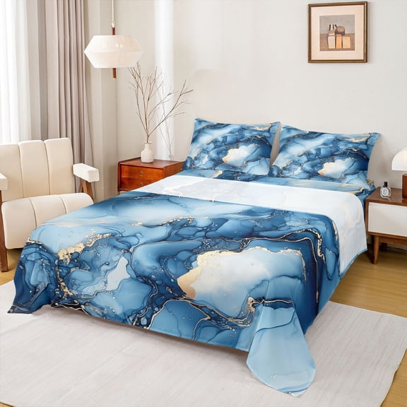 Erosebridal Blue Marble Full Size Sheets, Gold Metalic Bed Sheets, 1 Flat Sheet, 1 Fitted Sheet and 2 Pillowcases