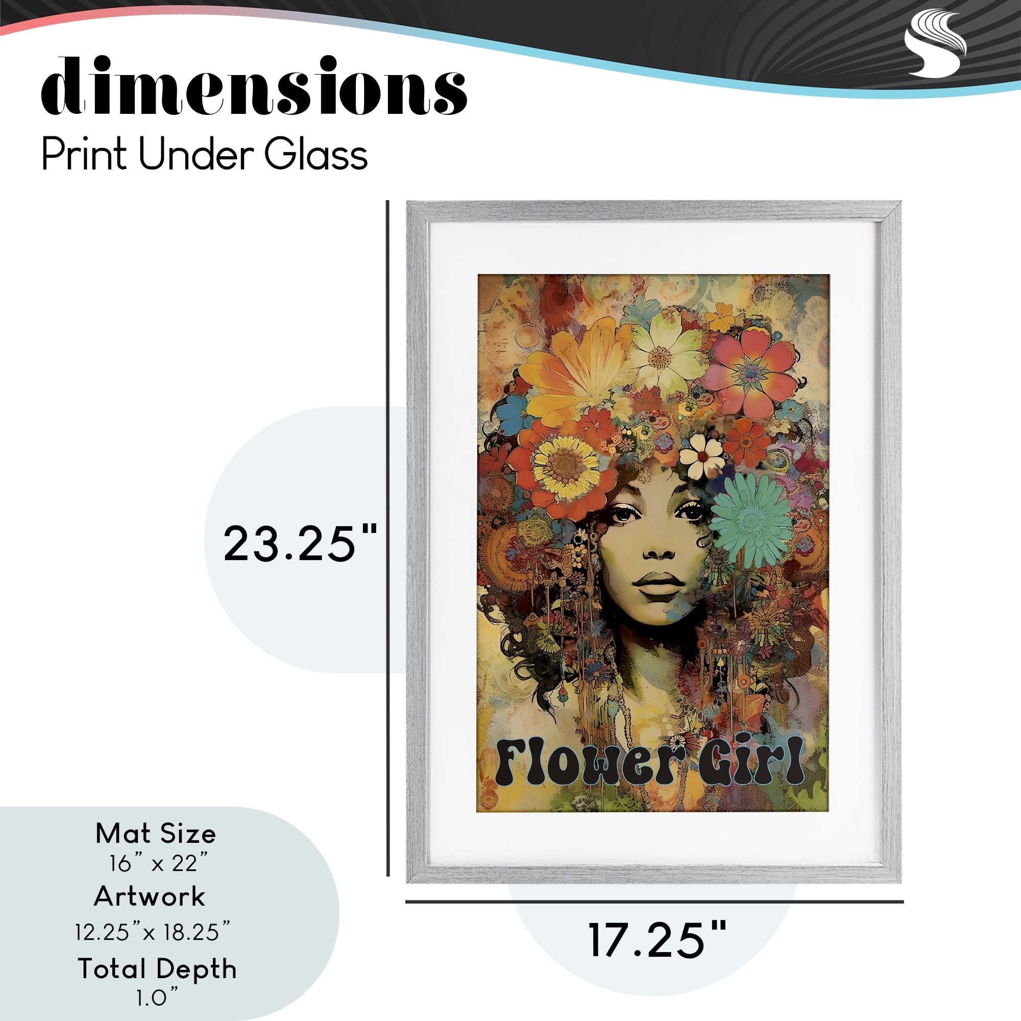 Bohemian Flower Girl Gray Framed Print Under Glass, design by Sasha