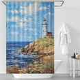 thumbnail image 2 of Lighthouse Sunrise Coast Scenery Pale Blue Tan Shower Curtain Fabric Bathroom Decor with Hooks, 2 of 5