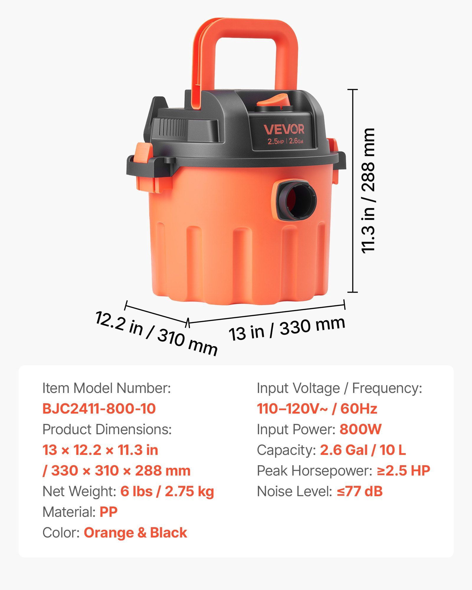 CAFORKP Shop Vac 2.6 Gallon Wet/Dry Vacuum, 2.5 Peak HP/800W