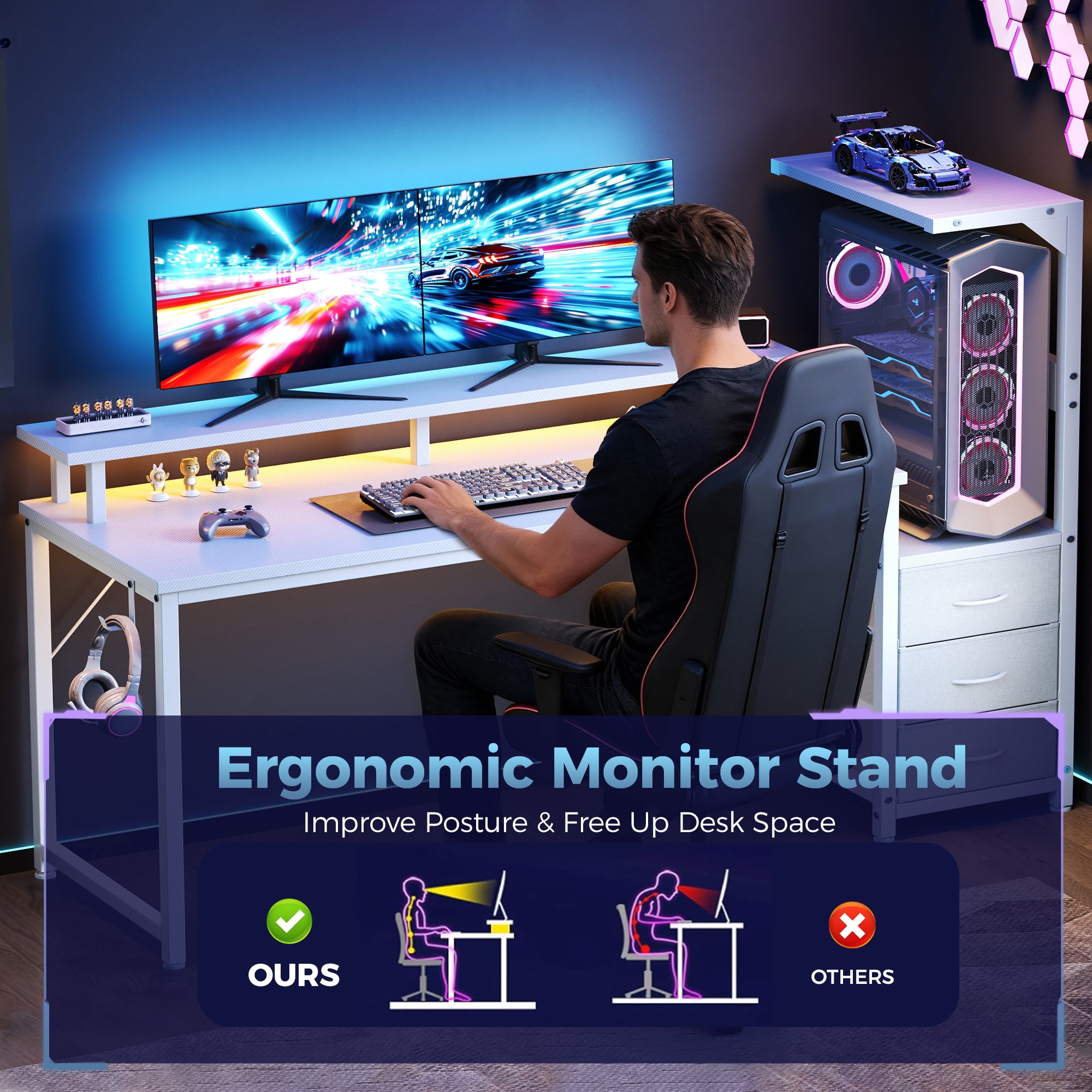 CONCETTTA Gaming Desk, 59 Inches, With Shelf Storage Drawers, White Computer Desk With Led Lights And Power Sockets, Office Wooden Desk With Pc Stand And Cable Management
