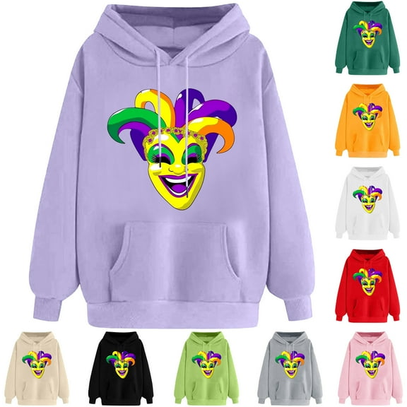 VBTAPA Mardi Gras Sweatshirt for Women Carnival Themed Graphic Hoodies Drawstring Long Sleeve Hooded Pullover 2025 Celebration Parade Party Hoodie Army Green L