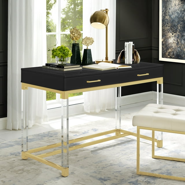 Maximo Black Gold Writing Desk - High Gloss Finish, Acrylic Leg, Stainless Steel Base, 2 Drawers