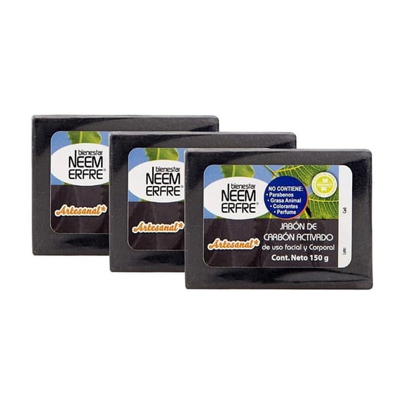 Pack de 3 Jabones de carbón activado exfoliante y limpieza profunda Bienestar NEEM ERFRE 150 g c/u