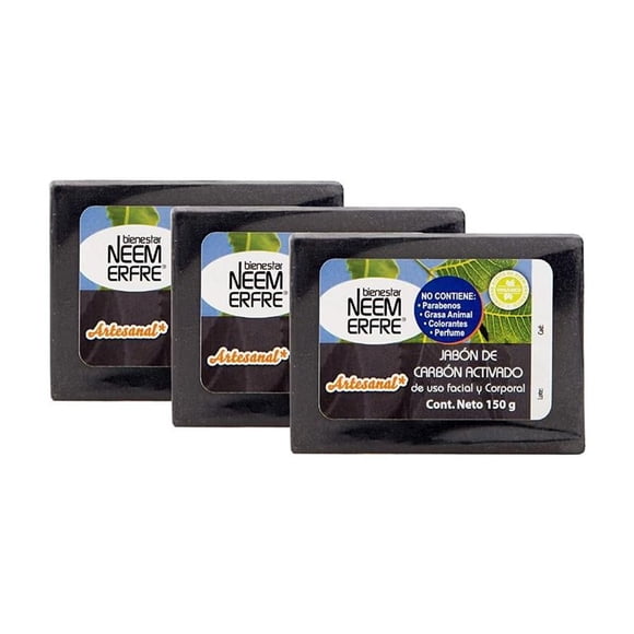 Pack de 3 Jabones de carbón activado exfoliante y limpieza profunda Bienestar NEEM ERFRE 150 g c/u