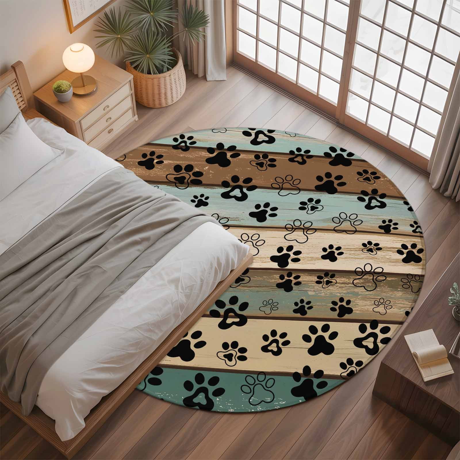 Dog Paws Printed Round Rugs 3ft, Vintage Teal Brown Wooden Farmhouse Non Slip Washable Rug Runner, Low Pile Indoor Floor Carpet Mat Bathroom Rugs for Living Room, Bedroom, Kids Room