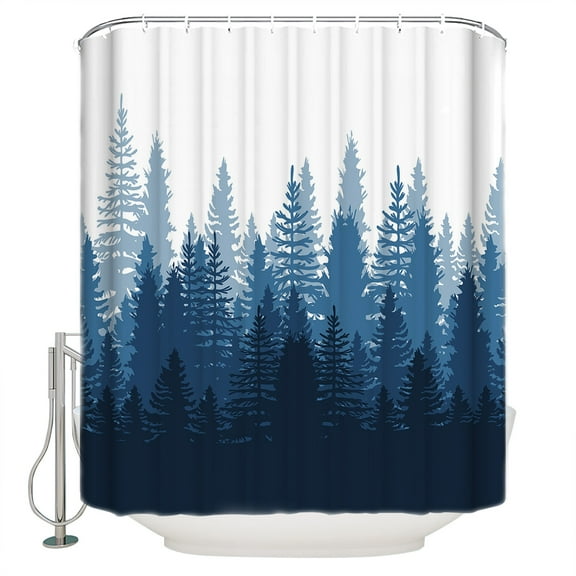 Navy Blue Shower Curtain, 60" x 72", Forest Nature Woodland Tree Misty Forest Silhouette Landscape Waterproof Bathroom Curtain Washable Shower Curtain Set with 12 Hooks