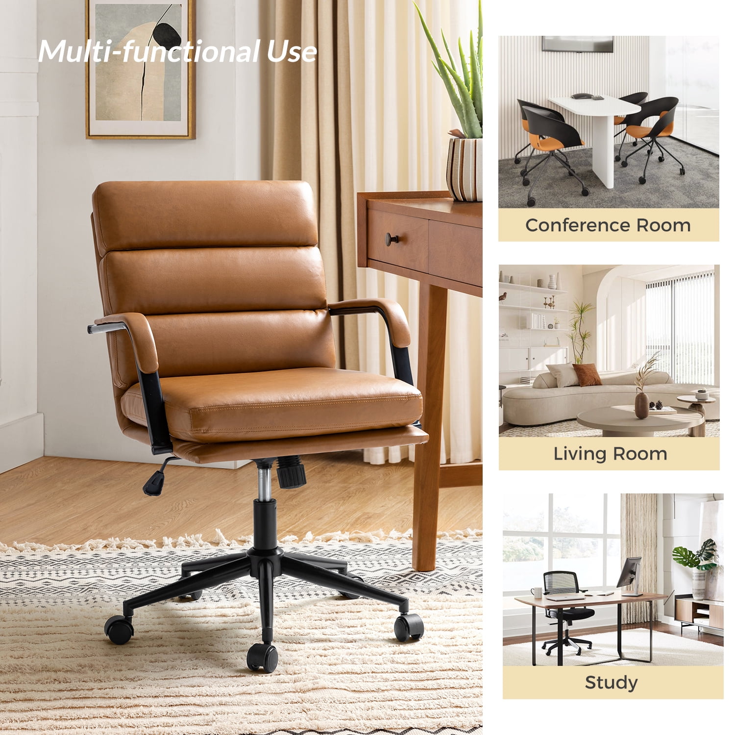 Ergonomic Office Chair Faux Leather Desk Chair Executive Swivel with High Back and Padded Cushion Camel