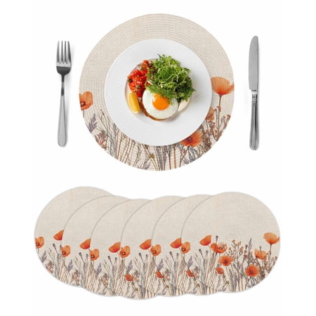 Orange Spring Floral Round 13 Inch Placemats Set of 6 Watercolor Farmhouse Botanical HeatResistant Non Slip Place Mats for Dining Table Wipeable Braided Kitchen Table Mats for Housewarming