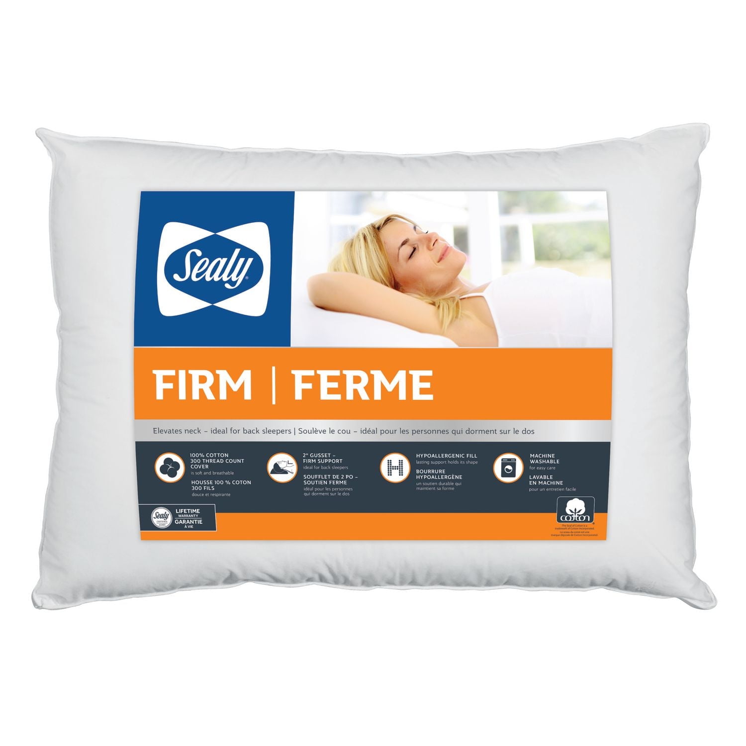 Sealy Firm Support Back Sleeper Cotton Cover Machine Washable Bed Pillow 2 Pack