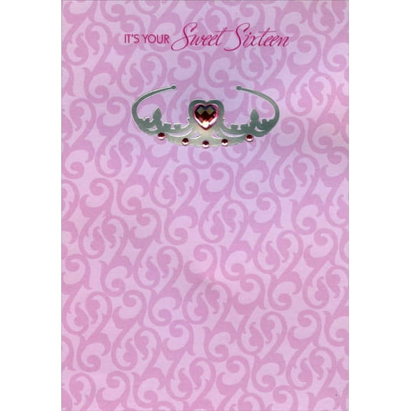 Designer Greetings Sweet Sixteen Pink Heart Gem on Silver Foil Tiara: 16th Birthday Card