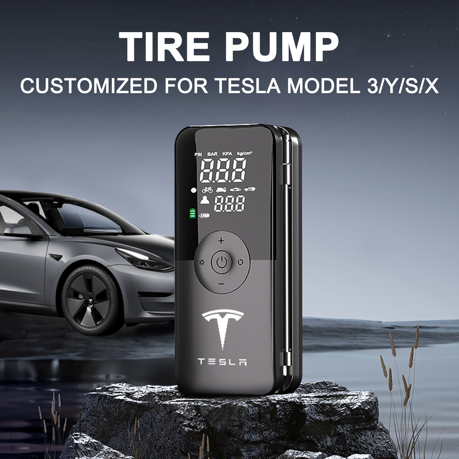 Tire Inflator Air Compressor for Tesla Model 3 Y X S, Cordless Tesla Air Pump, 2025 Tesla Model Y 3 X S Accessories with Tire Light and Pressure Gauge, Portable Storage