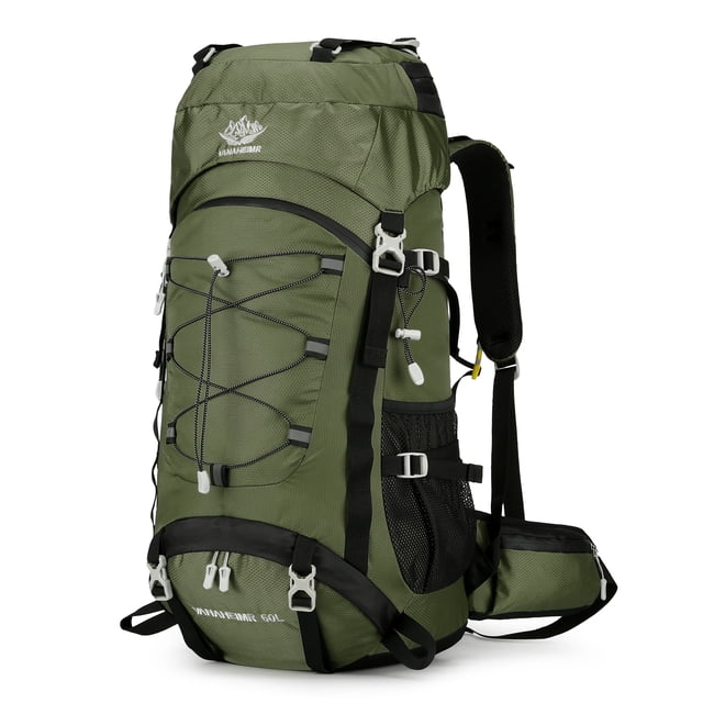 Sac à Dos de Camping en Nylon Résistant aux Déchirures 60L avec Housse de Pluie Intégrée - Disponible en Vert Foncé, Noir, Orange, Bleu Ciel, Vert Clair & Bleu Foncé - Pack de Randonnée Léger 1,23kg (34x72x25cm)