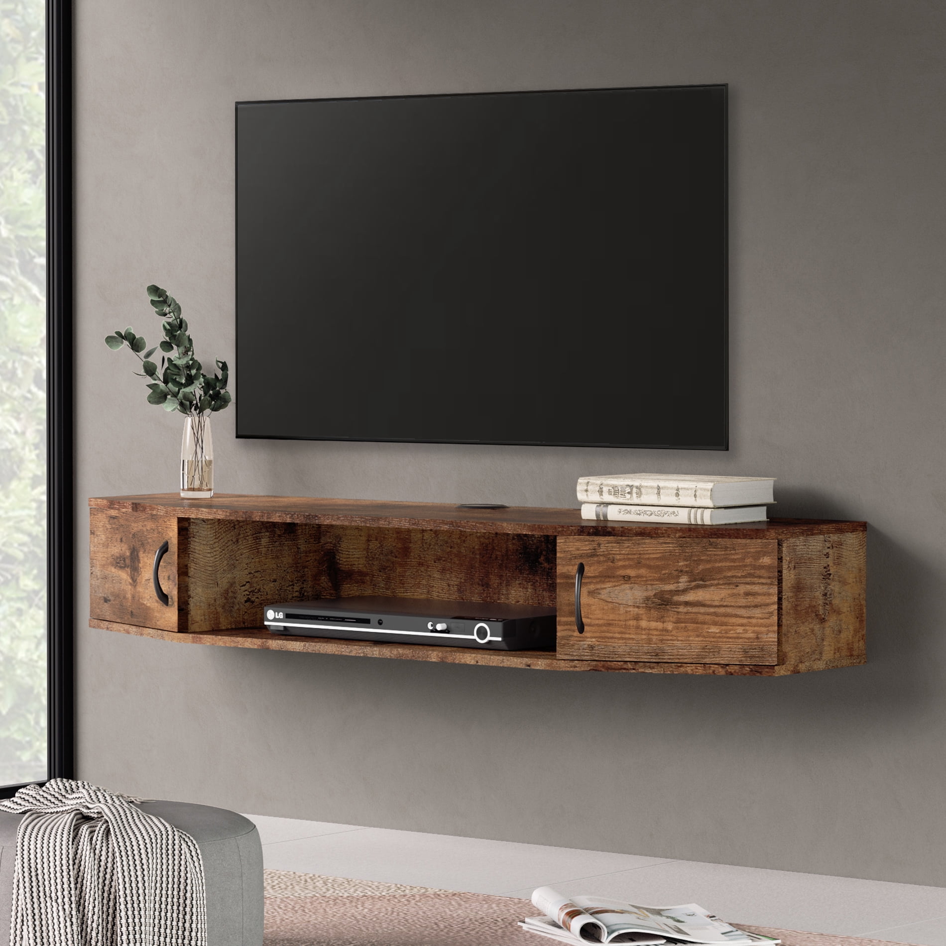 FITUEYES Wall Mounted Media Console with Doors, Floating TV Stand Cabinet AV Shelf, Rustic Brown