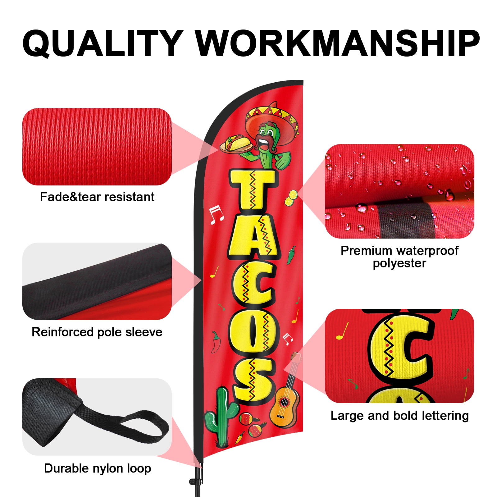 QSUM Tacos Sign Feather Flag with Pole Kit,8.2FT Tacos Decoration Display, Tacos Business Sign,Tacos Swooper Flag，Advertising Flag