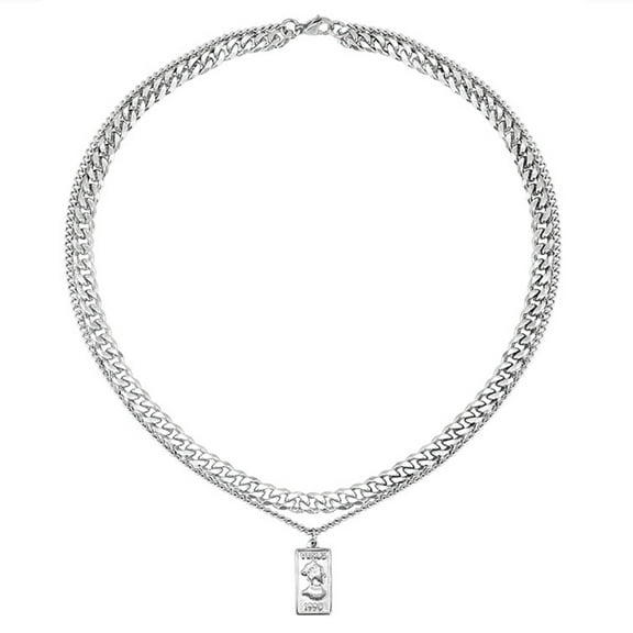 Gieenan Men's Double Layered Chain Necklace Punk Silver Rectangular Pendant Necklace with Cuban Link Chain for Fashion Men