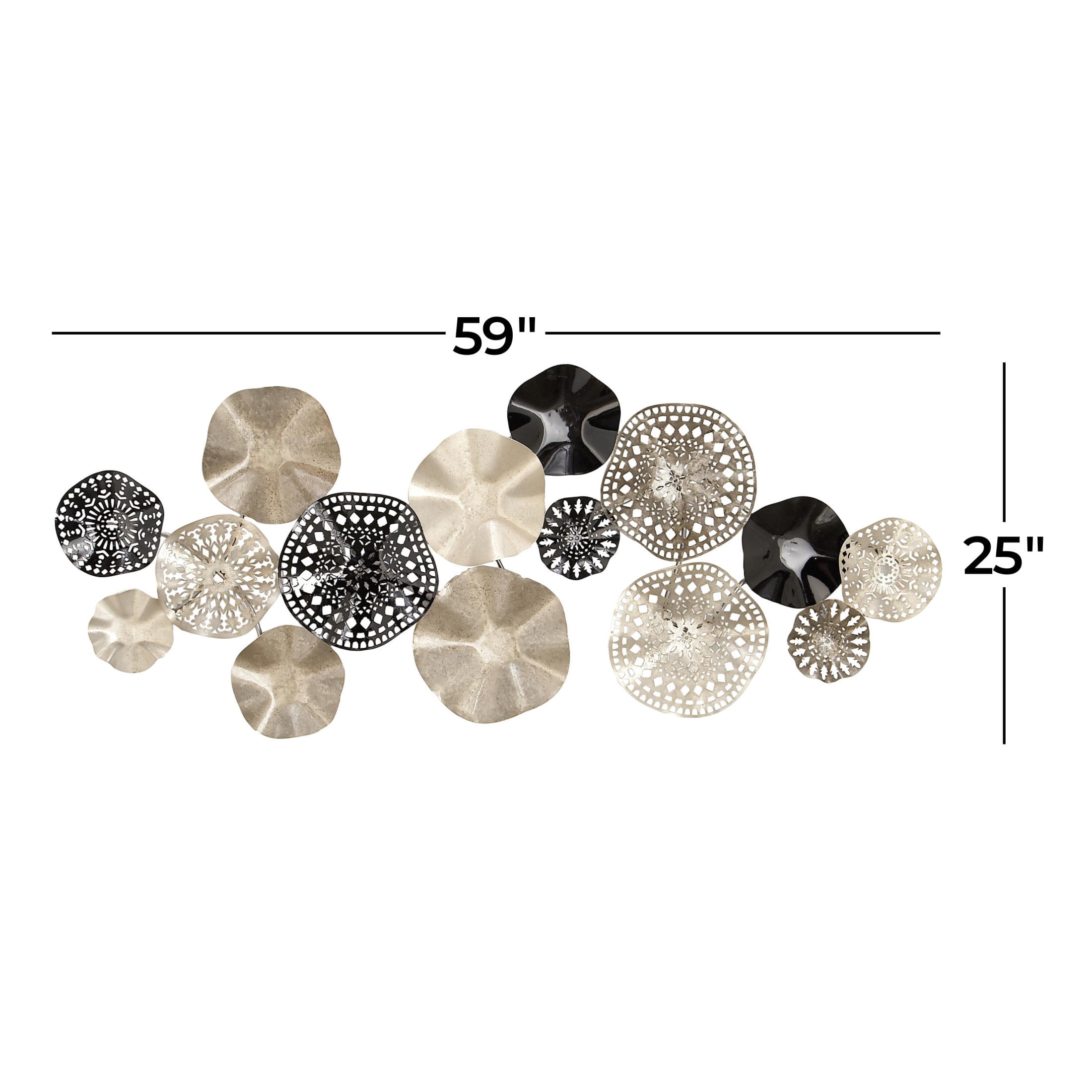 DecMode Contemporary Metal Discs with Crumpled and Lattice Patterns Wall Décor, 59"W x 25"H Features Silver/Black Polished Finish
