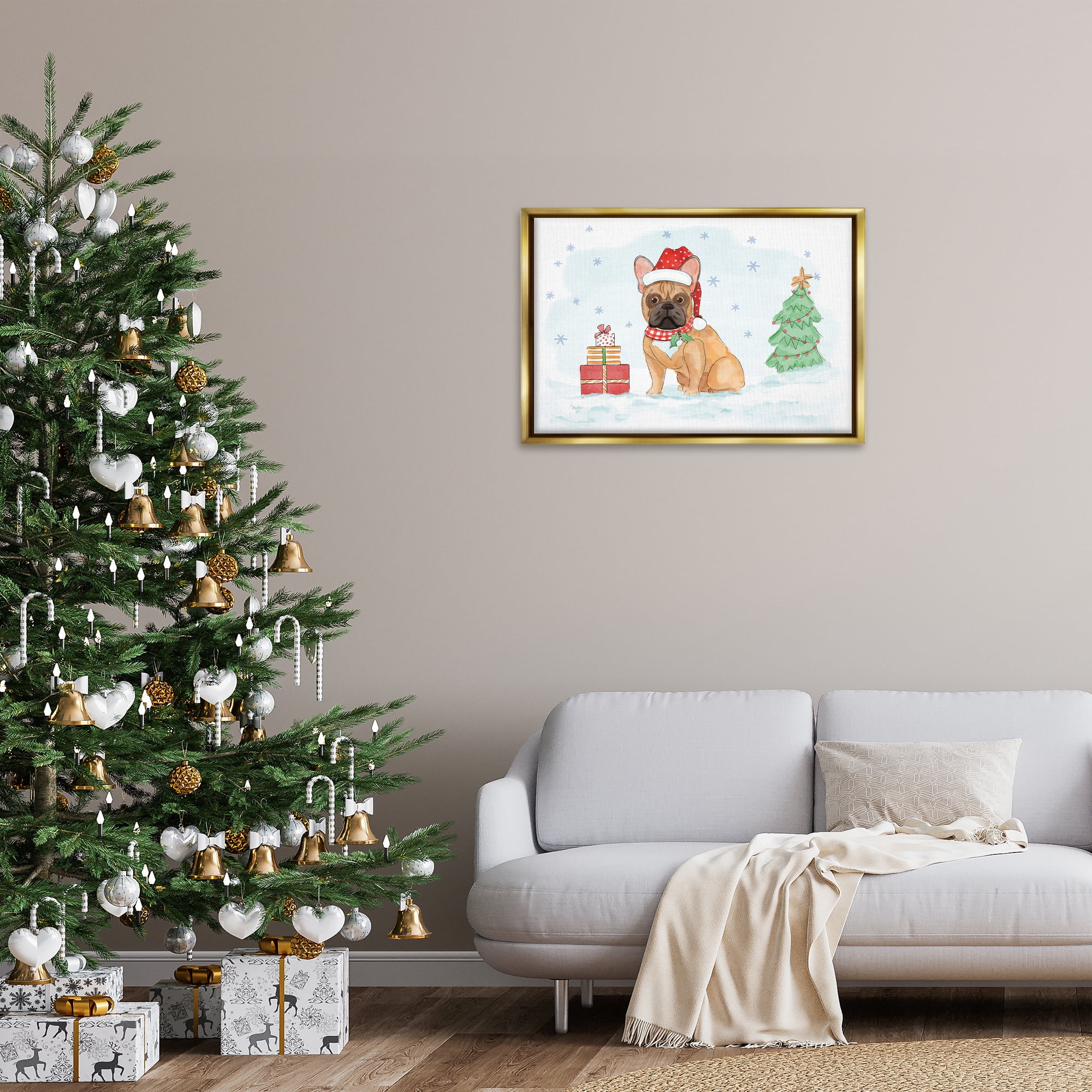 Stupell Industries Holiday Dog in Snow Holiday Painting Gold Floater Framed Canvas Art Prints Wall Art, 31 x 21