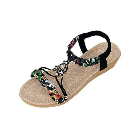 

Cathalem Summer Wedge Heel Women Shoes Color Contrast Fabric Woven Open Toe Stranded Casual Women Sandals Black 39