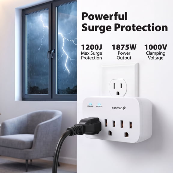 Fosmon 3 Outlet Surge Protector (2 Pack), 1200J Wall Mount Multi Plug Adapter Tap Extender, 1875 Watts Portable Travel Size for Indoor, Office, Dorm Room Essential, Grounded, ETL Listed