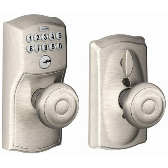 Schlage FE595 CAM 619 GEO Camelot Keypad Entry with Flex-Lock and Georgian Style Knobs, Satin Nickel