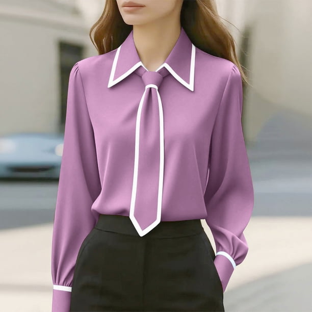 TaTaai Lapel Tie Solid Top Soft Comfortable Women's Casual Long Sleeve Fashion All Season Daily Party Work Versatile Shirt Gift