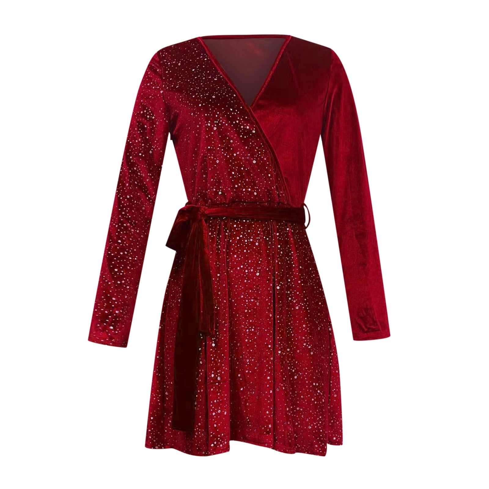 OSFVNOXV Velvet Dress for Women Rhinestone Glitter Sparkly V-Neck A-Line Ruffle Swing Mini Dress