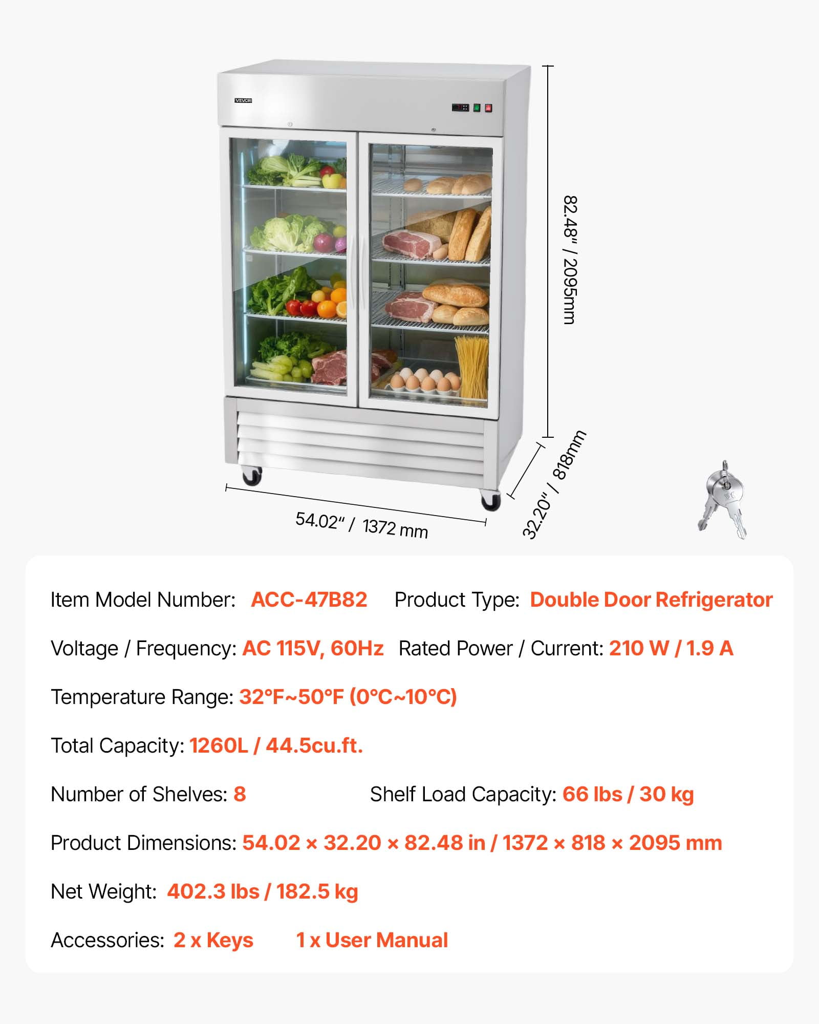 VEVOR Commercial Reach-In Refrigerator 54" W, 44 Cu.Ft Stainless Steel Upright Refrigerator with Double Glass Doors, Auto-Defrost, 8 Adjustable Shelves, 32 to 50℉ Temp Control, ETL Certified