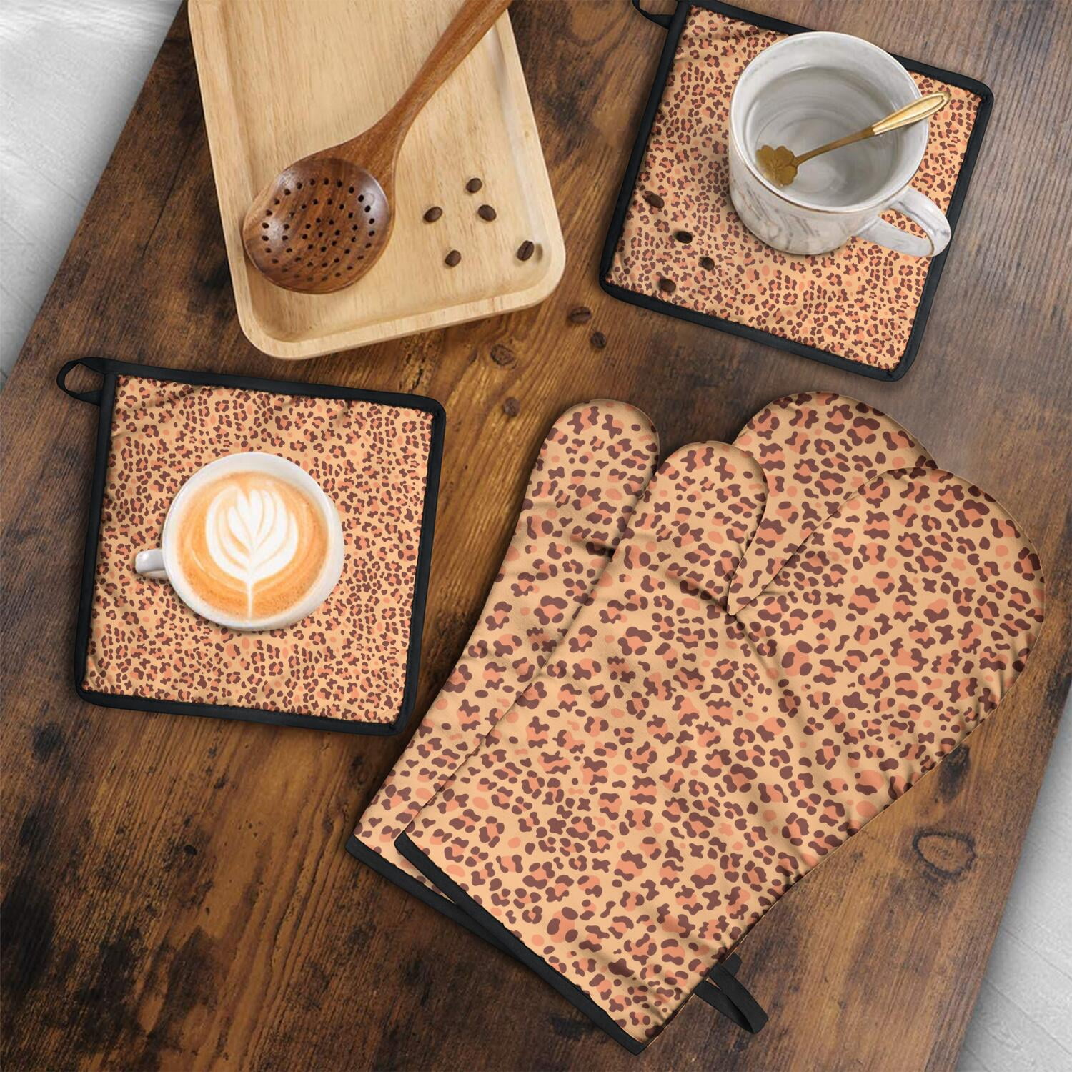 Leopard Print Oven Mitts and Pot Holders Set Of 4, Heat Resistant Kitchen Gloves with Non-Slip Grip, Hanging Loop, Soft Cotton Lining for Baking, Cooking, Grilling, Barbecue