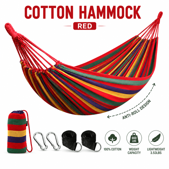 Cotton Portable Hammock, Sturdy & Comfortable, with Tree Straps, 660lb Capacity, Travel Bag, for Camping/Patio/Backyard, Red