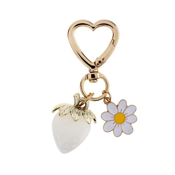 Lovely Strawberry and Flower Keychain Pendant Fashionable Girl Purse Decoration Handmade Gift for Women and Teens