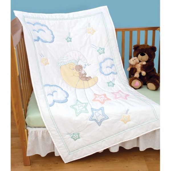 Jack Dempsey Stamped White Quilt Crib Top Bear On The Moon Design - 40 ...