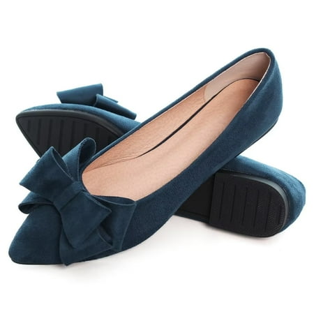 

SAILING LU Suede Ballet Flats for Women Sweet Bow Shoes Soft Pointy Toe Slip-ons Blue 055 US 8.5