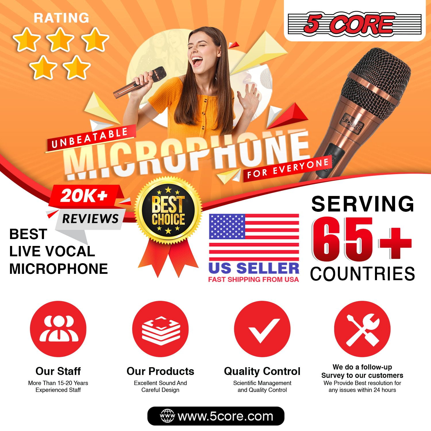 Professional Dynamic Vocal Microphone with Neodymium Magnet & 16ft Detachable Cable – Cardioid Unidirectional Handheld Mic for Karaoke, Live Singing, Podcasting, and Public Speaking