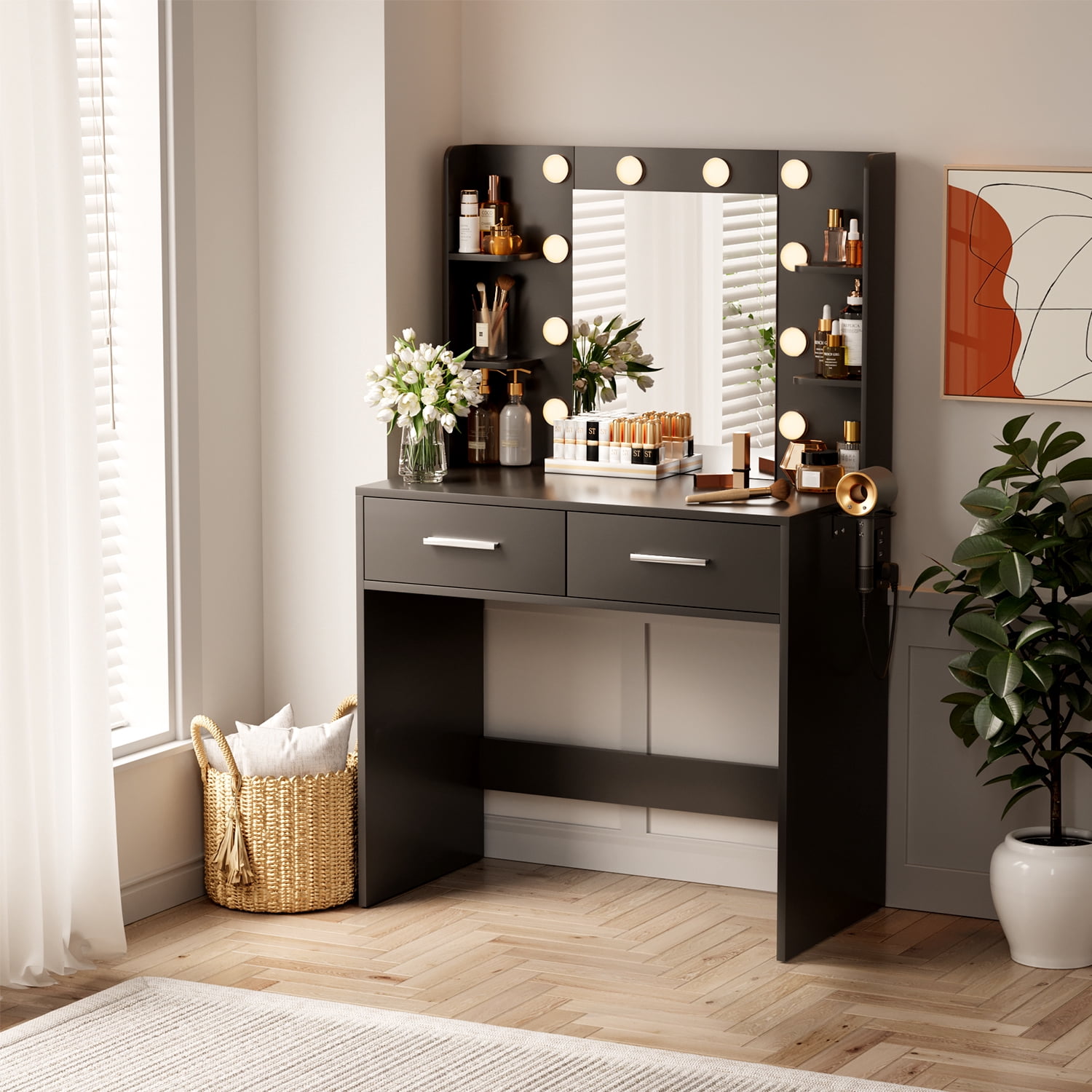Vineego Makeup Vanity Desk with Lighted Mirror & Power Outlet, Makeup Vanity with 2 Drawers,Black