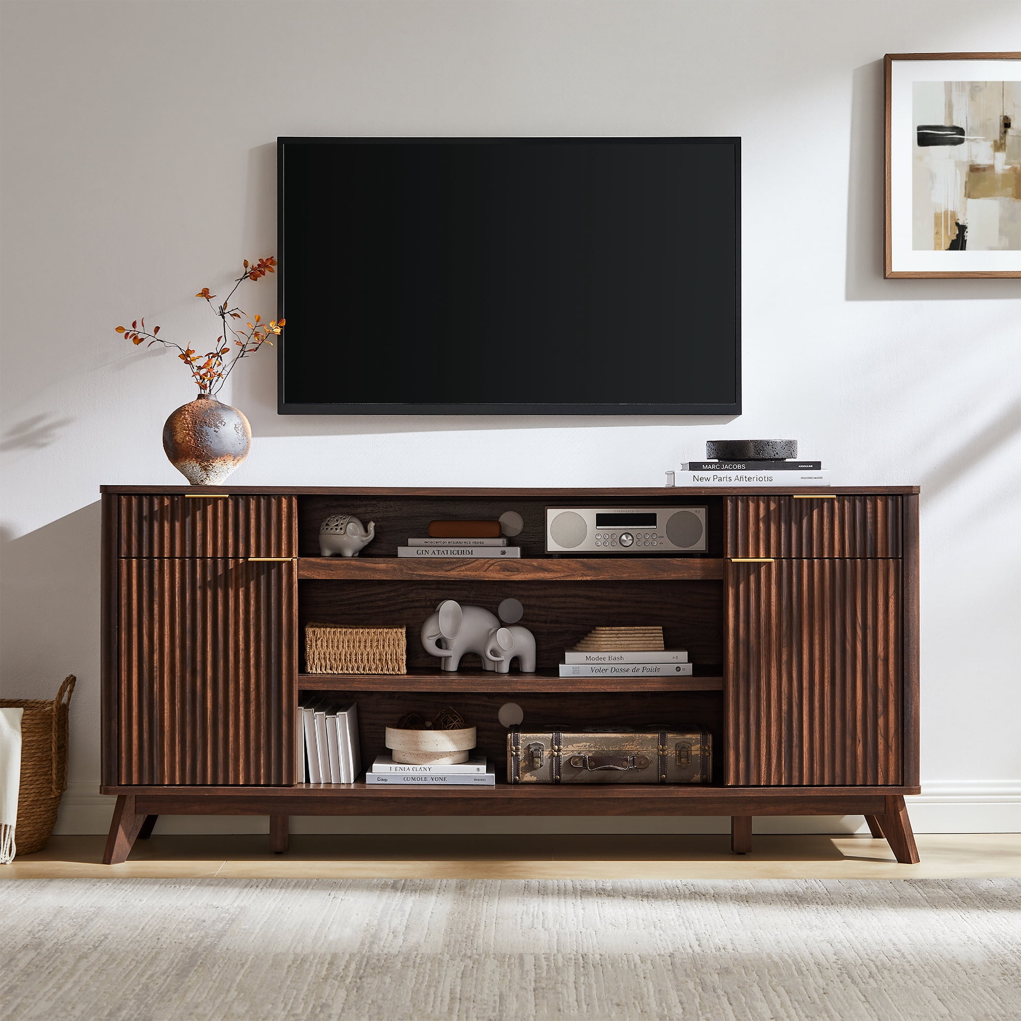 KeyWhat 70" Mid-Century Modern TV Stand for 75" TV, Fluted Doors, Drawers & Adjustable Shelves