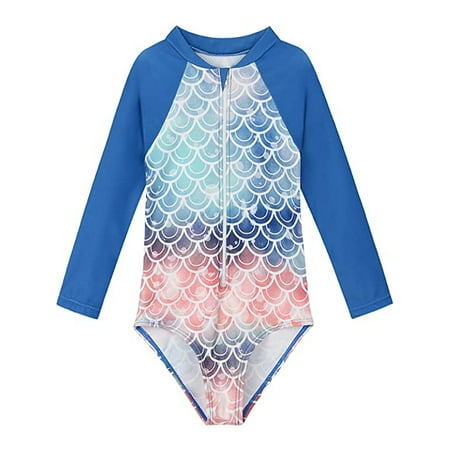 

2-8Y Kids Girls Rash Guard Long Sleeve One Piece Swimsuits Zipper Bathing Suits UPF 50+ Sun Protection