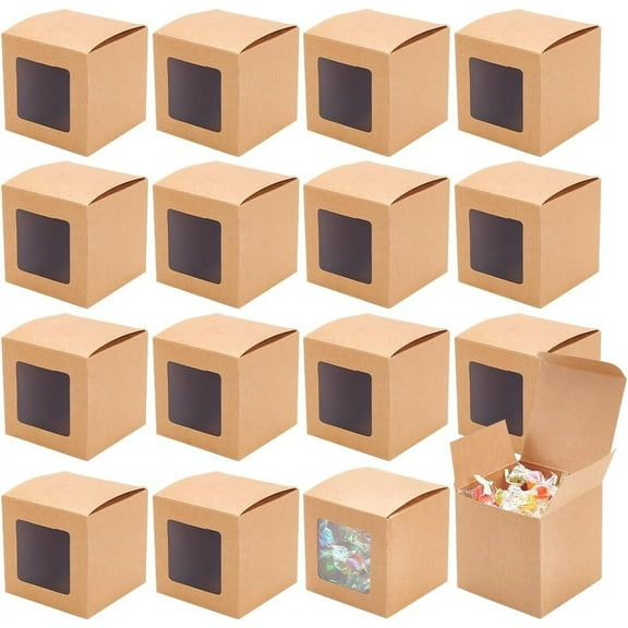 20 Packs 3.1x3.1x3.1 Inch Square Gift Boxes with Clear Window BurlyWood Kraft Bakery Boxes Gift Packaging Boxes for Anniversaries Birthdays Weddings Graduation