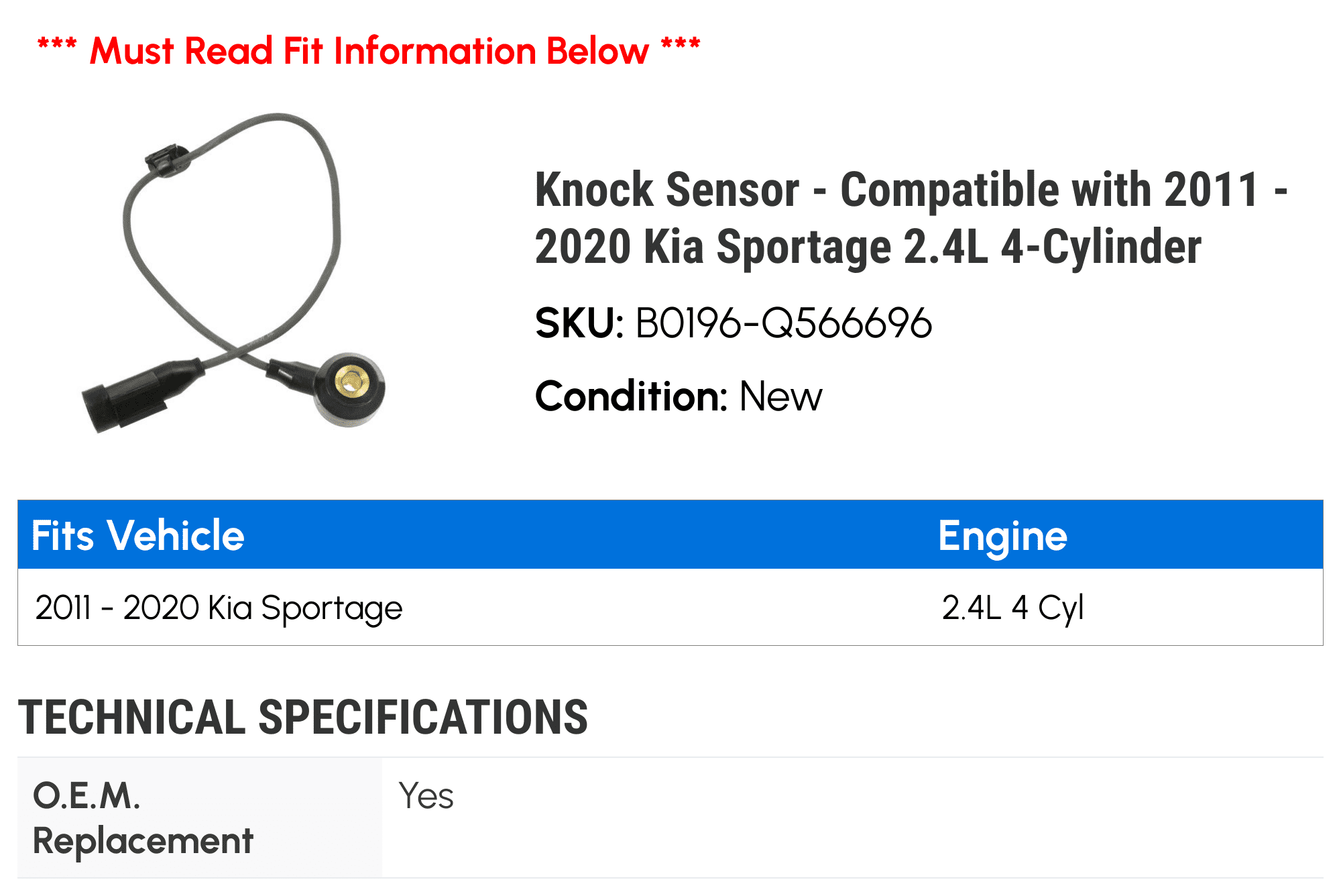 Knock Sensor - Compatible with 2011 - 2020 Kia Sportage 2.4L 4-Cylinder 2012 2013 2014 2015 2016 2017 2018 2019