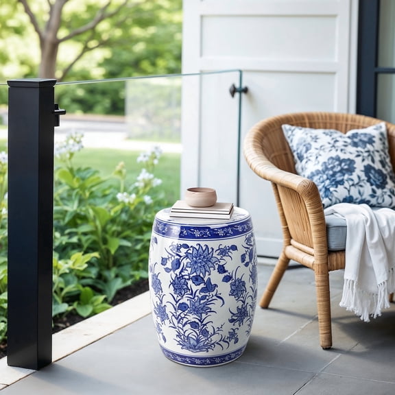 Garden Stool Ceramic Ceramic Boho Floral for Home and Garden Use - 18" Blue & White