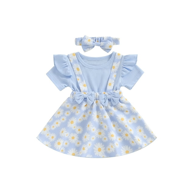 Gupgi Robe Marguerite pour Tout-Petit Bébé Fille, Côtelée, à Volants, Manches Courtes, Patchwork, avec Bandeau