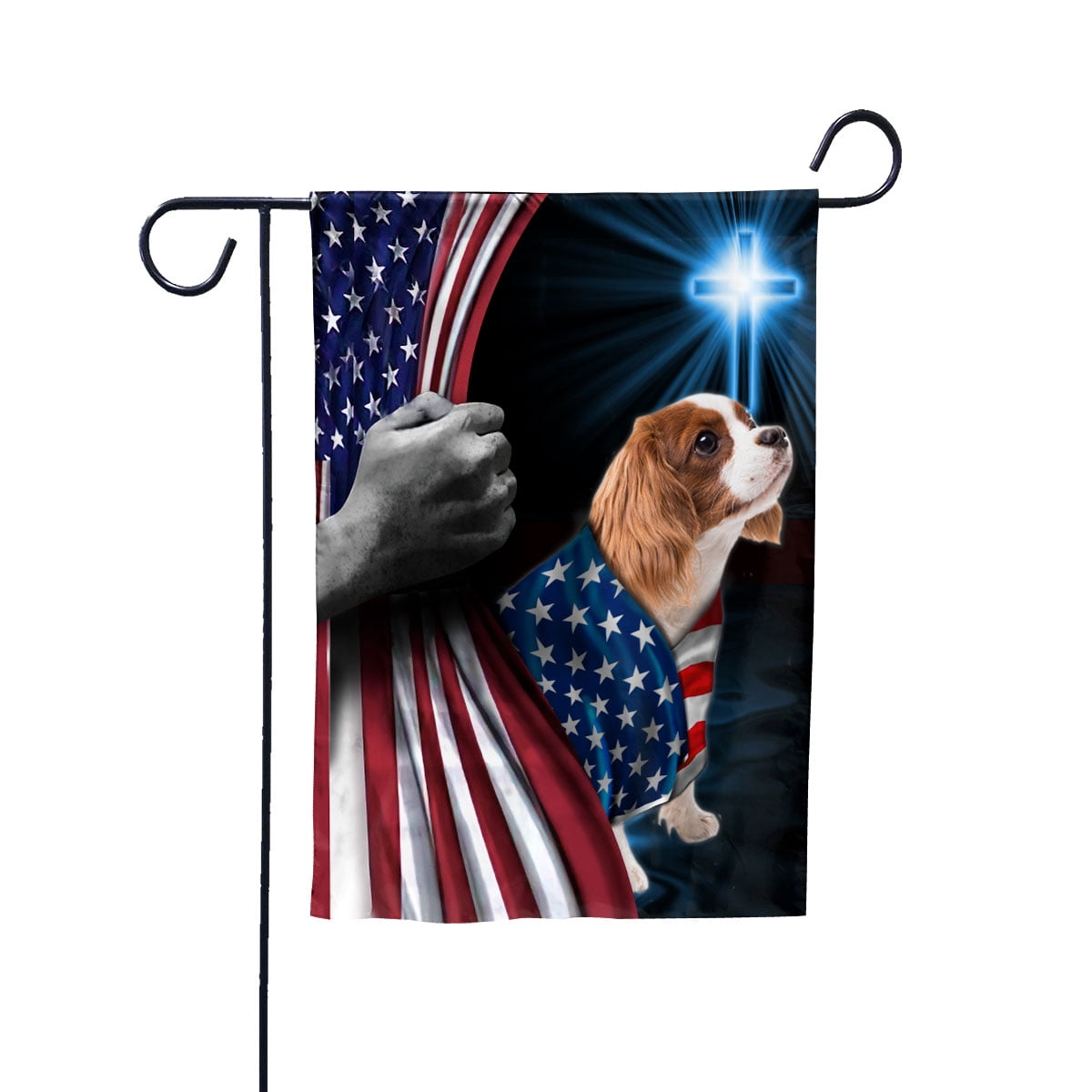 Hand Pulling USA Flag Cavalier King Charles Spaniel Dog Wearing Flag American Standing under Cross Christian Patriotic House Flag (3x5) Double Sided- Premium Polyester-Decorative Indoor Outdoor Flag