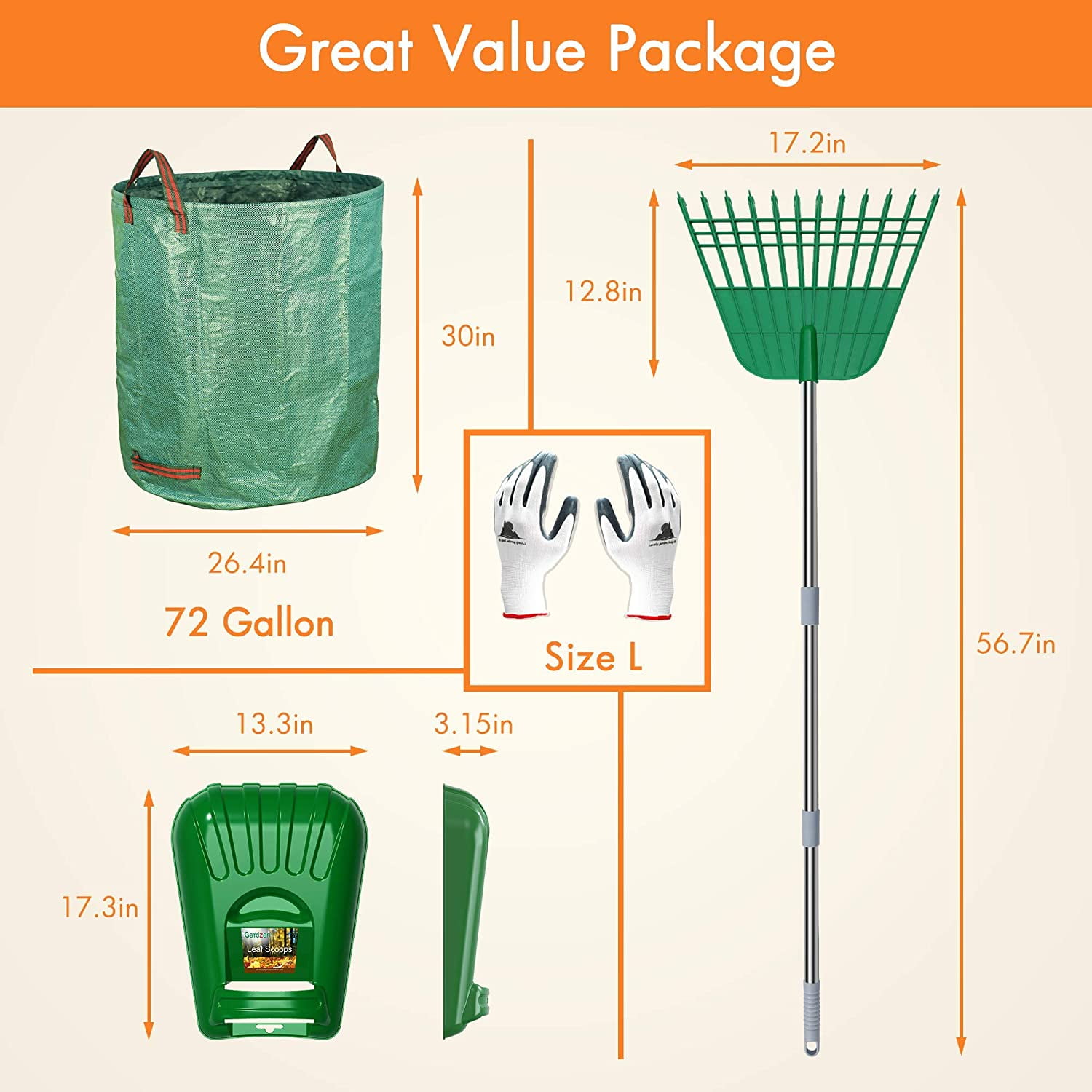 Gardzen Large Leaf Scoop & 12 Tines Gardening Leaf Rake Set, Comes with 72 Gallon Garden Bag