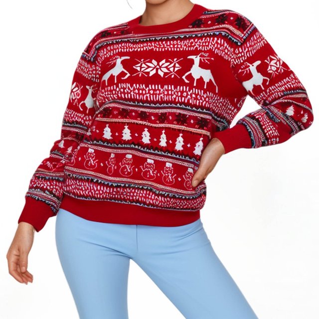 Suéter de cuello redondo para mujer, suéter holgado de otoño/invierno, suéter de punto de manga larga con estampado navideño, suéter de cuello redondo, suéter para mujer