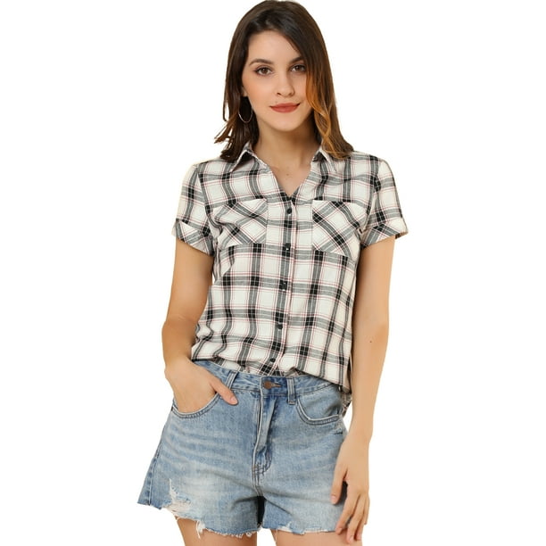 CamiDe Cuadros Estilo Western De Algodón Clásico Con Botones PaMujer Blanco negro XS