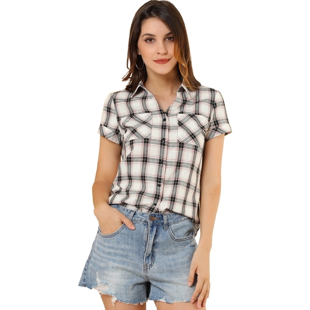CamiDe Cuadros Estilo Western Allegra K de Algodón Clásico con Botones Blanco negro L