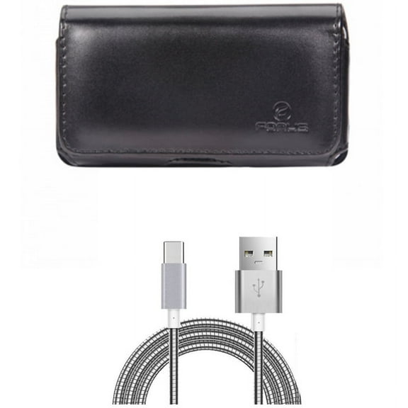 Type-C 6ft Metal USB Cable w Swivel Leather Case Belt Clip E7M for Acer Liquid Jade Primo - ASUS ROG Phone, ZenFone 4 Pro - Blackberry Motion - BLU Vivo XI Plus - Google Pixel 3 XL 2 XL