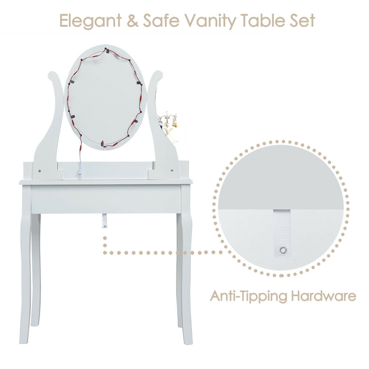 Gymax Vanity Table Set Makeup Dressing Table with10 Light Bulbs and Touch Switch, White