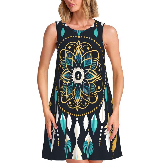Easygdp Boho Dreamcatcher para Vestido Transpirable de Mujer, Vestido Suelto de Manga Corta con Pliegues y Bolsillos para el Verano